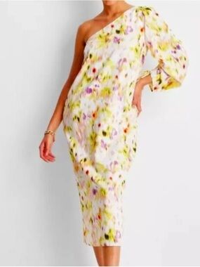 Target One-Shoulder Floral Midi Dress in White, Yellow and Purple